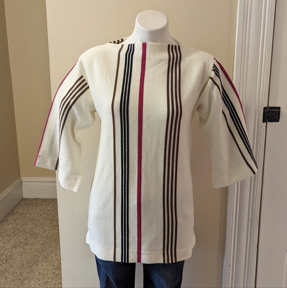 Vintage Sears cream sweater with brown and magenta stripes size small